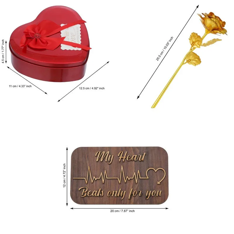 Three-piece set showing heart box, gold rose and wooden plaque together