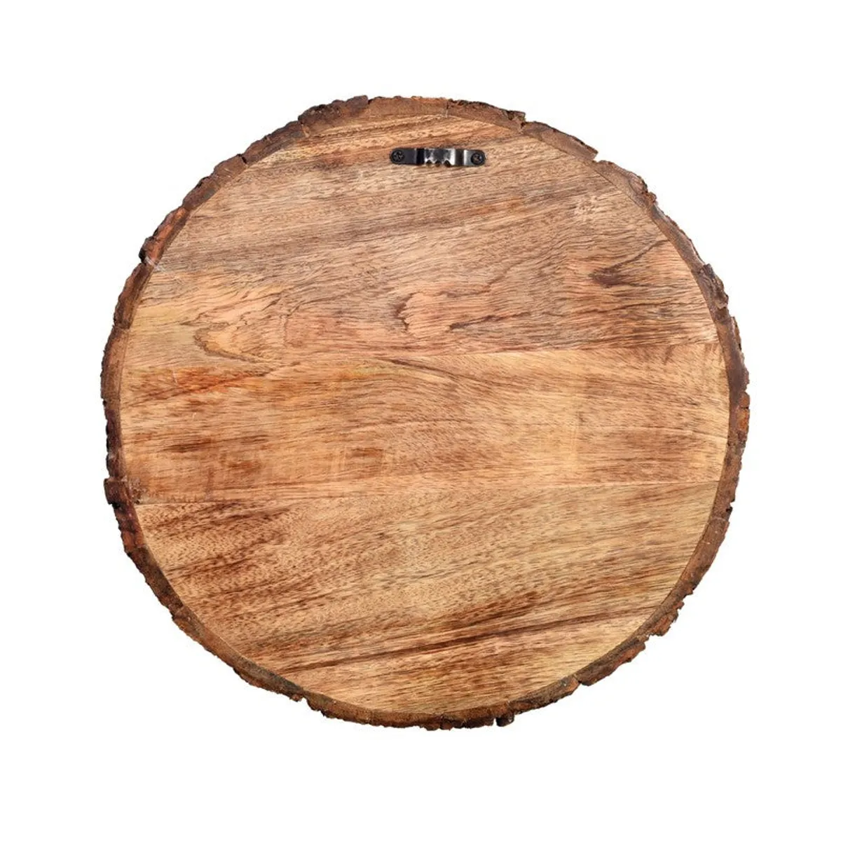 Back view of the round natural wood wall accent with a hanging fixture