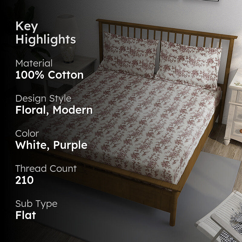 Swayam Rosabella Floral Cotton Bedsheet (Purple) - 250 TC media 2