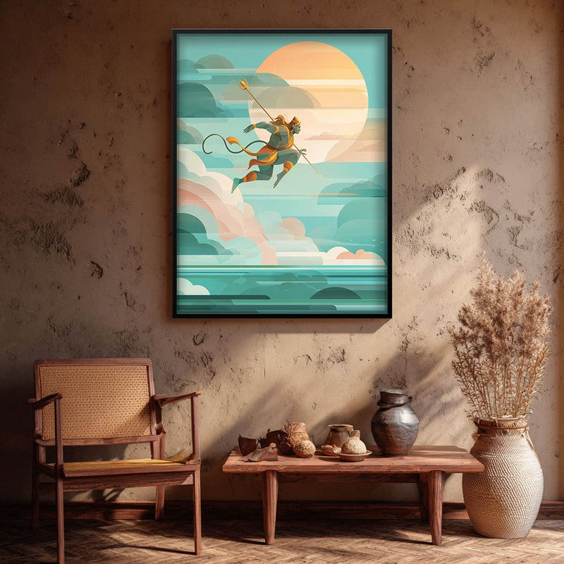 Powerful Hanuman Ji Flying Scene Archival Paper Wall Art