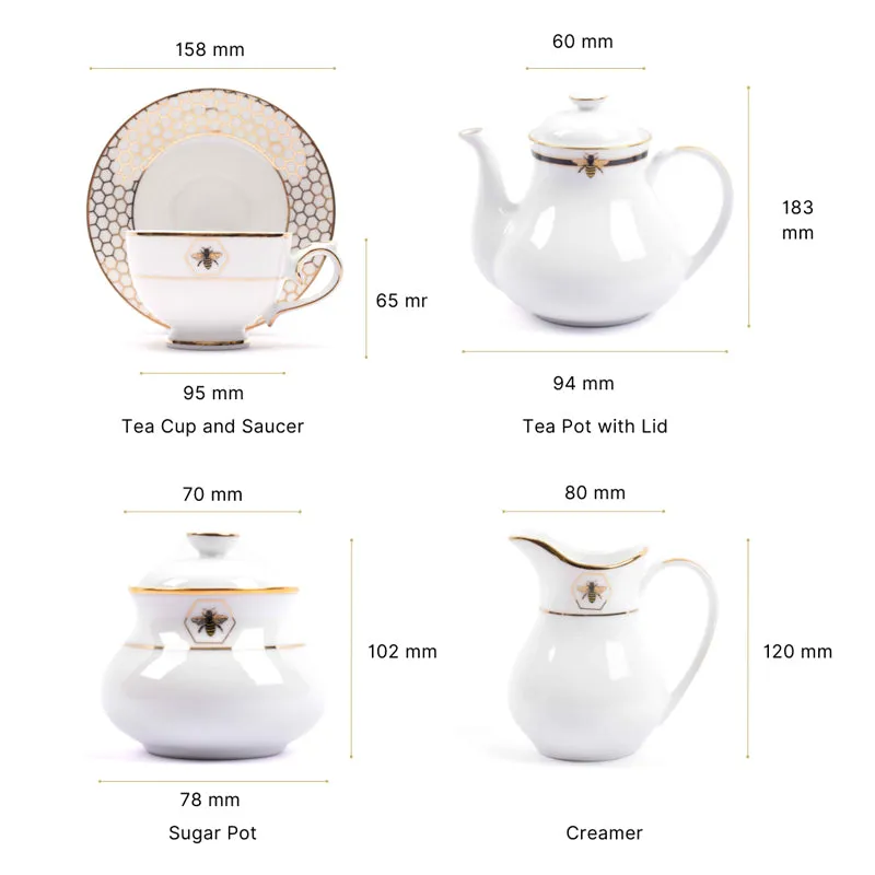 Gilded Bee 24k Gold Brushed Porcelain Tea Set With Tea Pot - Seventeen Piece Set media 13