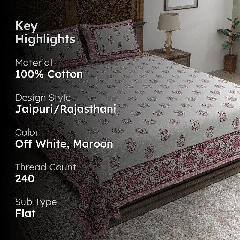 Bloomly Cotton Bedsheet (Off White,Maroon) - 240 TC media 2