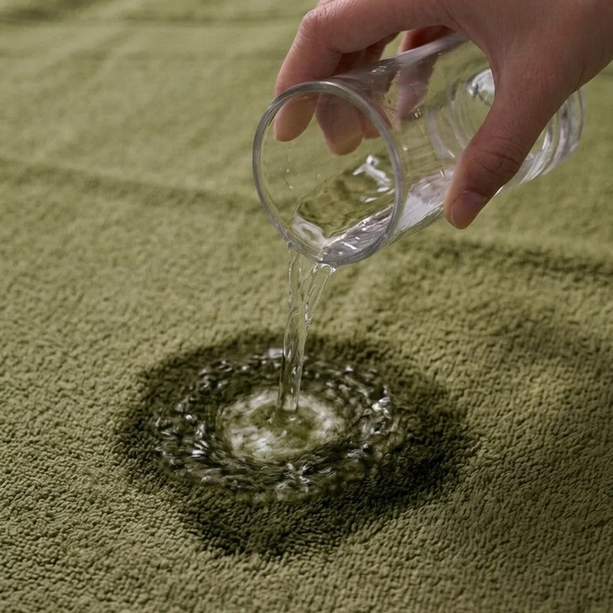 Water being poured onto the absorbent surface of an olive green towel