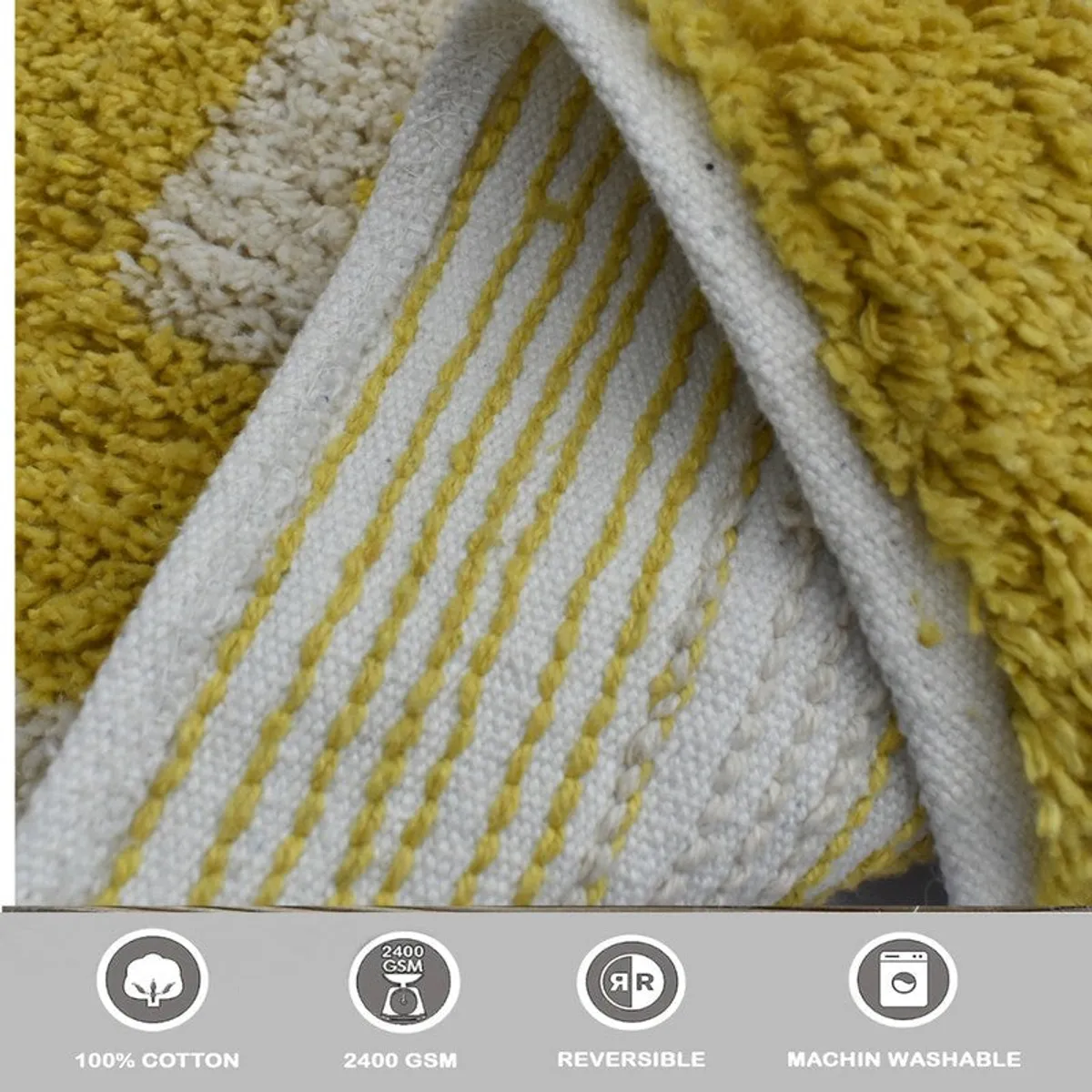 Close-up of the yellow and white textured mat with its striped backing visible