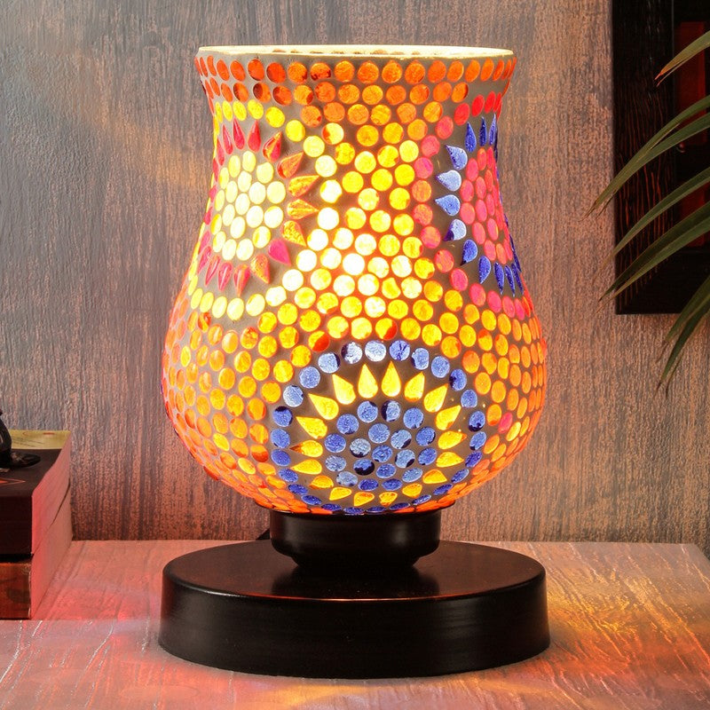 Emberune Mosaic Glass Table Lamp With Wooden Base - Multicolor