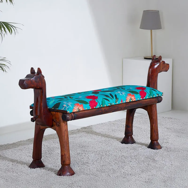 India Circus Acacia Wood Blossomy Mosaic Wooden Camel Bench media 1