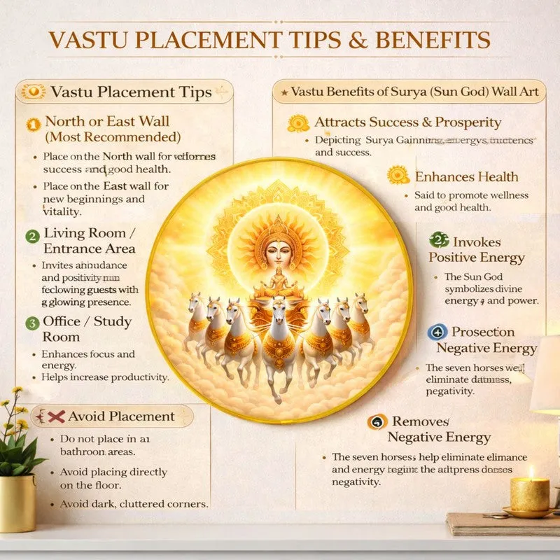 Informational layout featuring Surya Dev wall art with decorative text panels