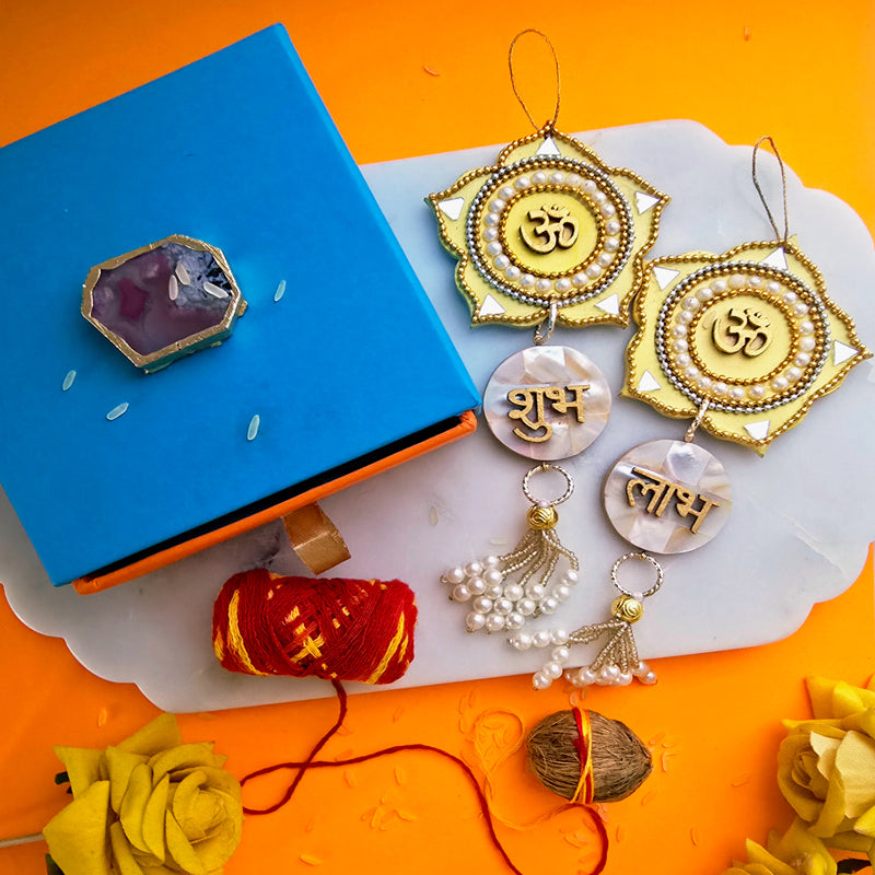 Swastika Mother Of Pearl Latkan (Yellow) - Set Of Two