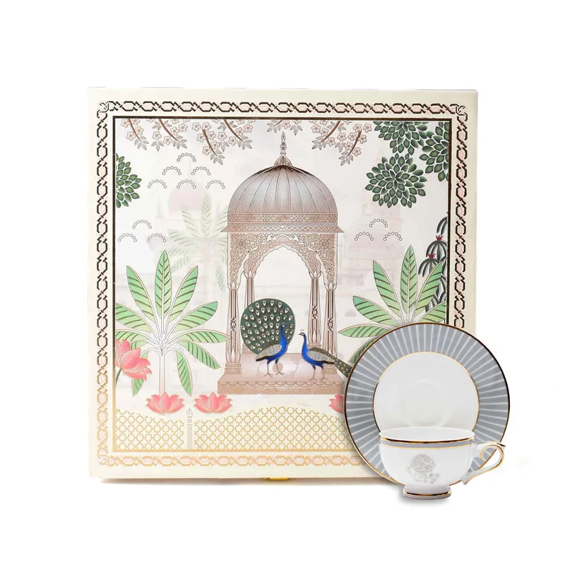Gilded Iris 24k Gold Brushed Porcelain Tea Cup & Saucer (Grey/ 280 mL) - Set of Six media 7