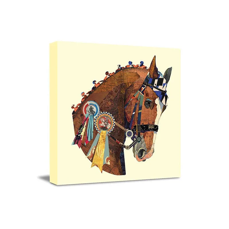 Angled view of square canvas art featuring a decorated horse head.