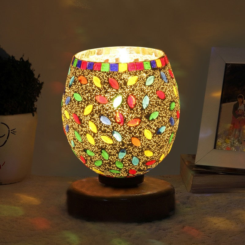 Glazerra Mosaic Glass Table Lamp With Wooden Base - Multicolor