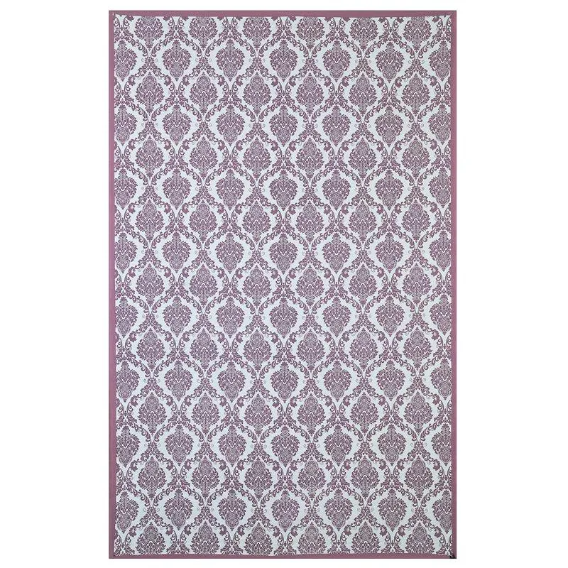 Flat view of the square purple and white patterned table cover