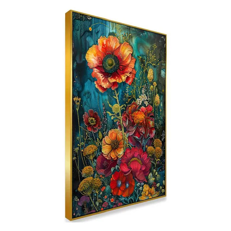Vibrant Poppy Trance Floral Canvas Wall Painting With Frame - Gold media 3
