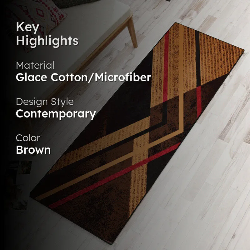 Brown geometric runner rug with highlighted material and style text overlay