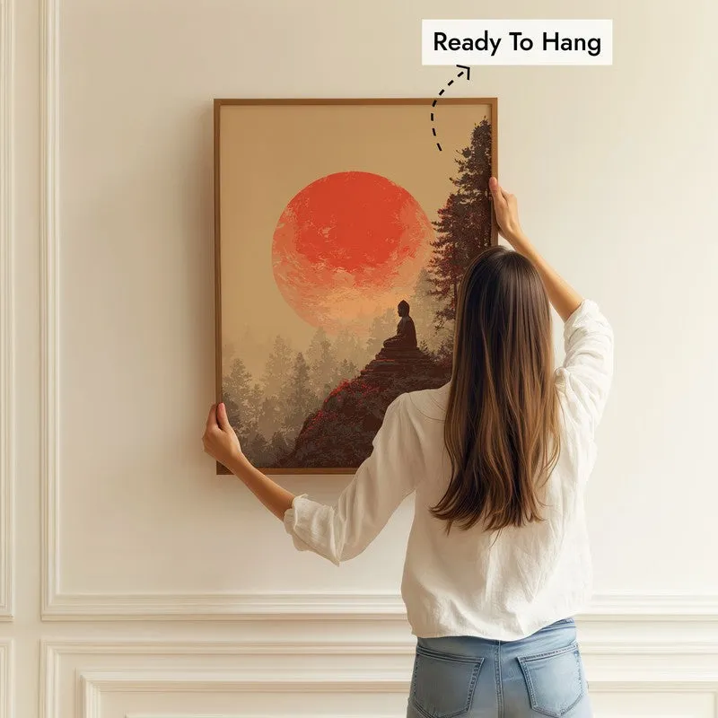 Woman hanging a framed Buddha wall painting on a cream wall