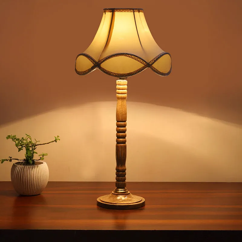 Misty Glow Table Lamp With Carved Wooden Base - White,Brown media 2