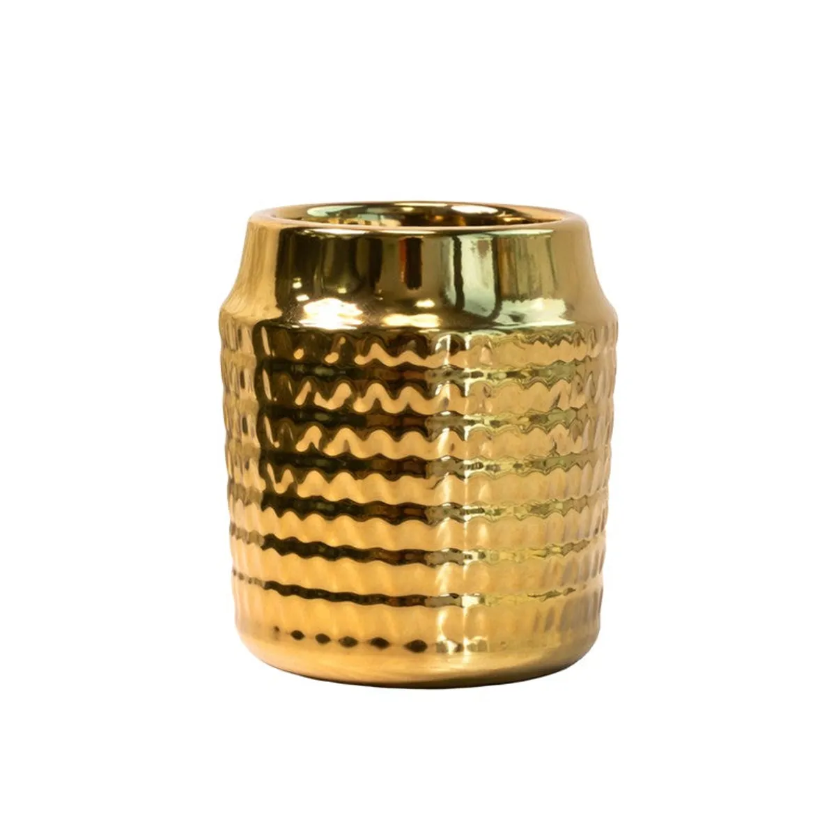 Gold ribbed ceramic vase on a white background.