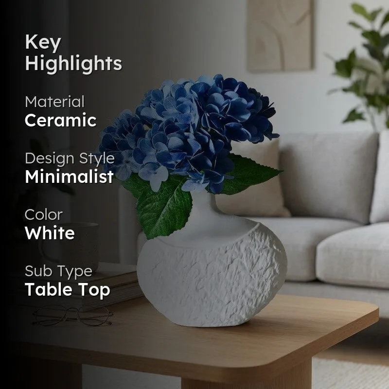 Highlight graphic over a styled image of the white textured vase with blue flowers.