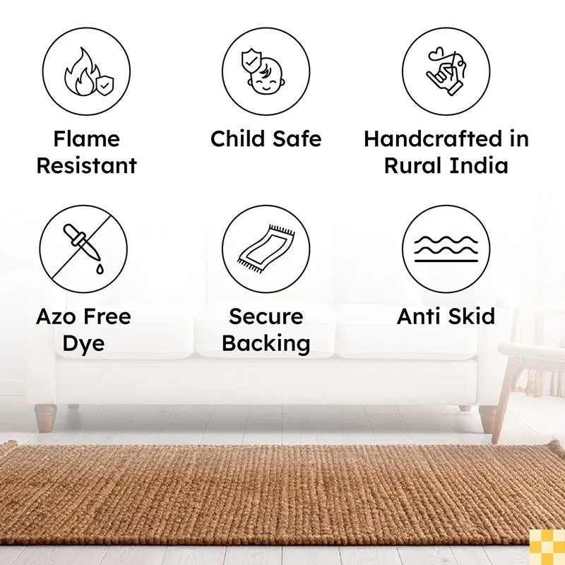 Promotional graphic with rug feature icons above a sofa