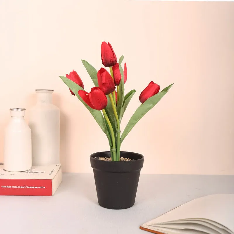 Artificial Tulip Flower Plant With Black Plastic Pot - Red media 3