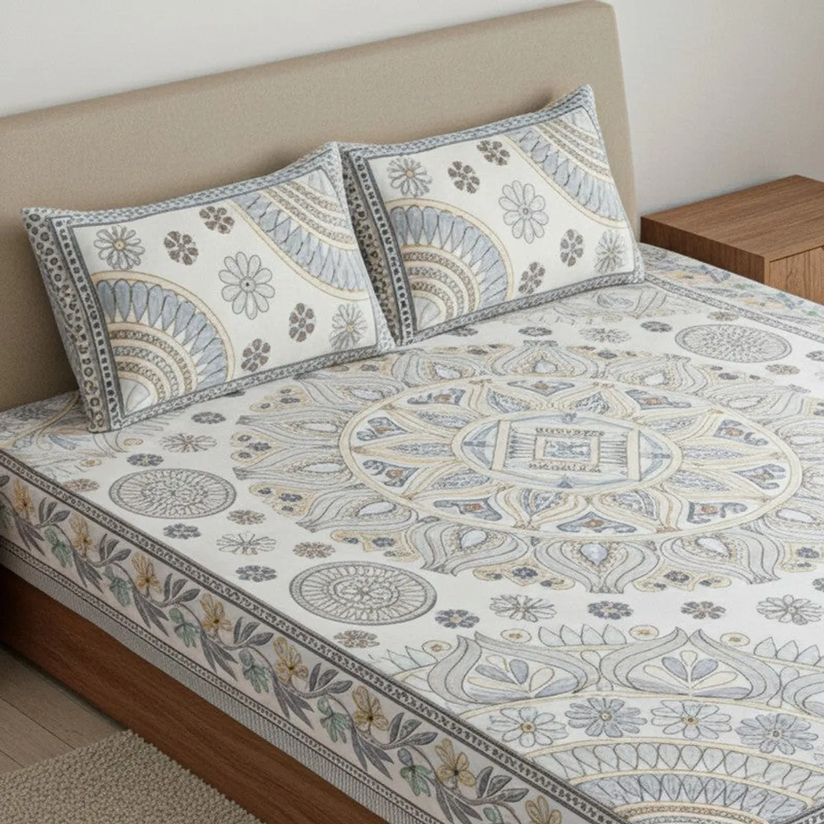 Close view of the printed mandala bedsheet and matching floral pillow covers
