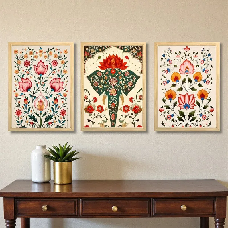 Gul-E-Hathi Mughal Wall Art With Frame (Pink) - Set Of Three media 3