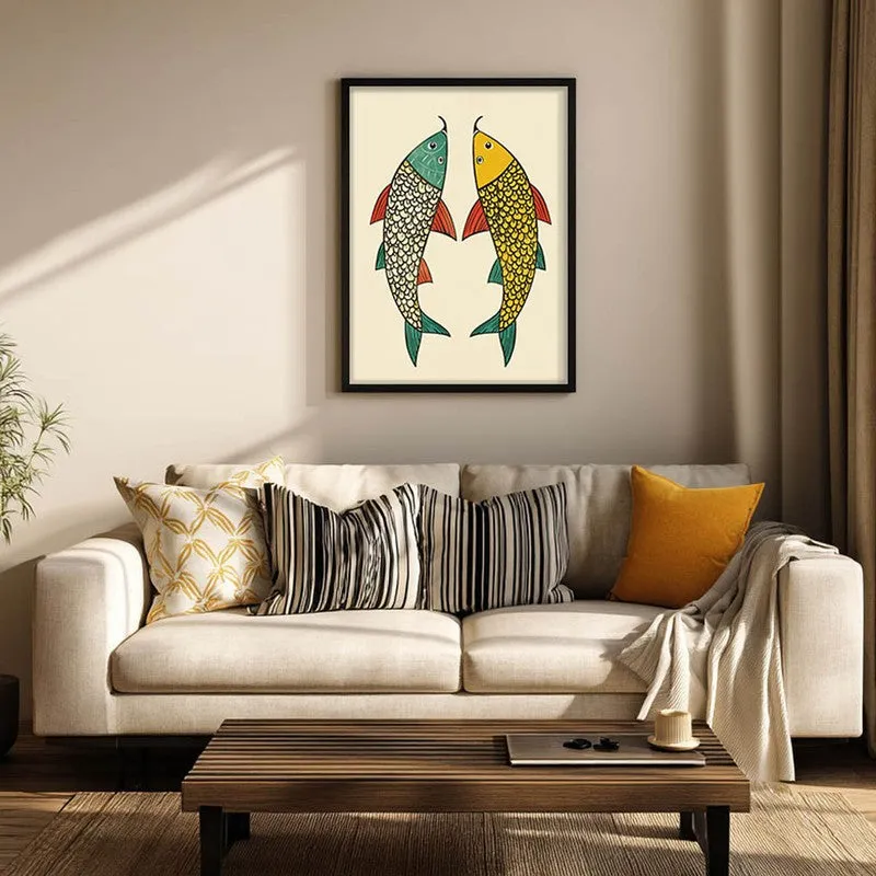 Twin Fish Folk Art Canvas Wall Painting With Black Frame media 5