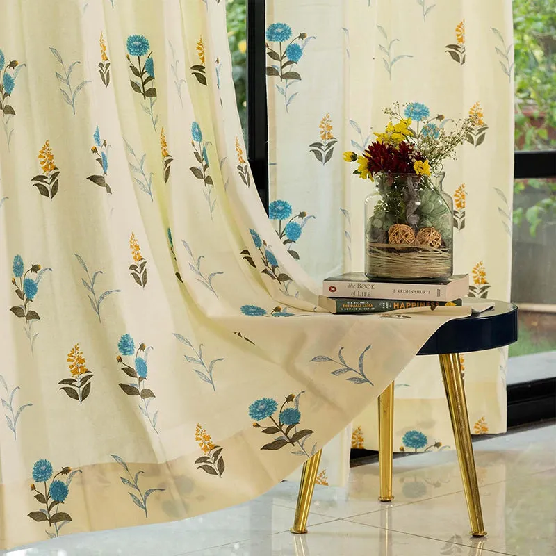 blue and white cotton translucent curtains with floral printed, set of two