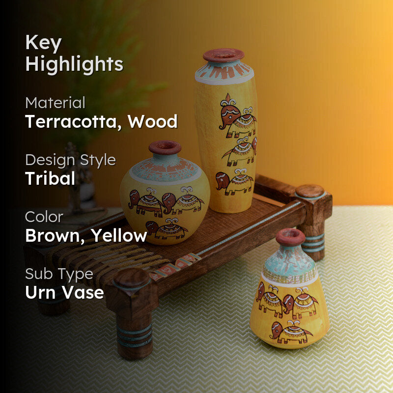 Happy Elephant Yellow Tribal Vase & Charpai Stand - Four Piece Set media 2