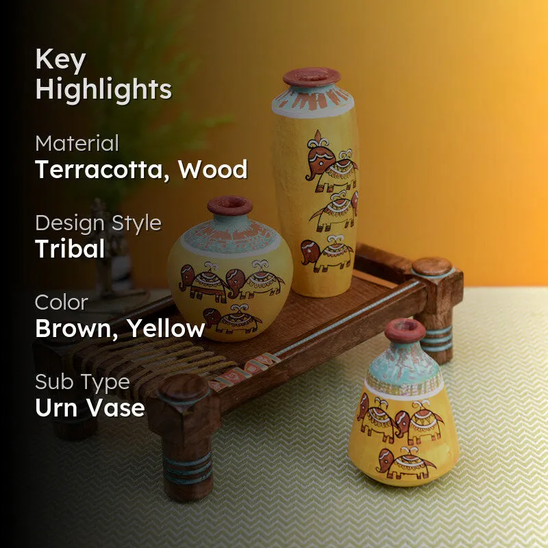 Happy Elephant Yellow Tribal Vase & Charpai Stand - Four Piece Set media 2