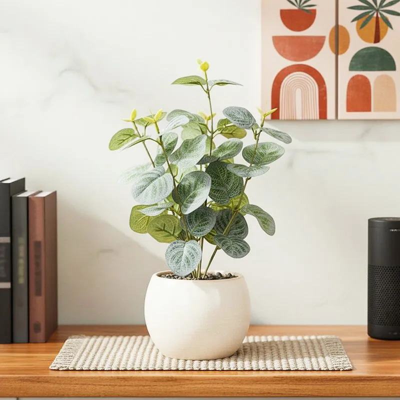 Artificial Eucalyptus Plant With Black Fiber Pot (Green) - 1 Feet media 1