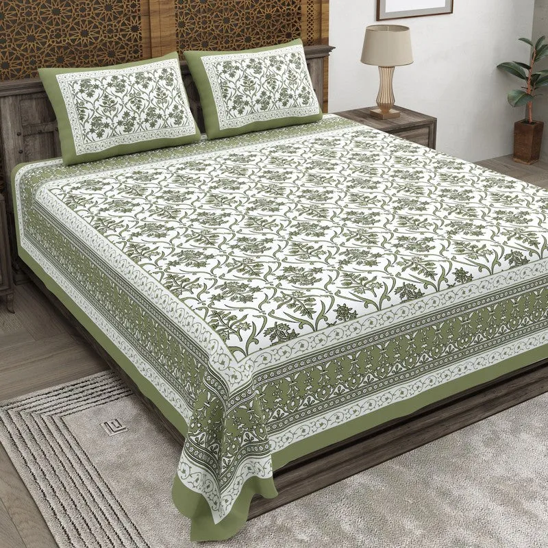 Artio Cotton Bedsheet (Olive Green,White) - 240 TC media 1