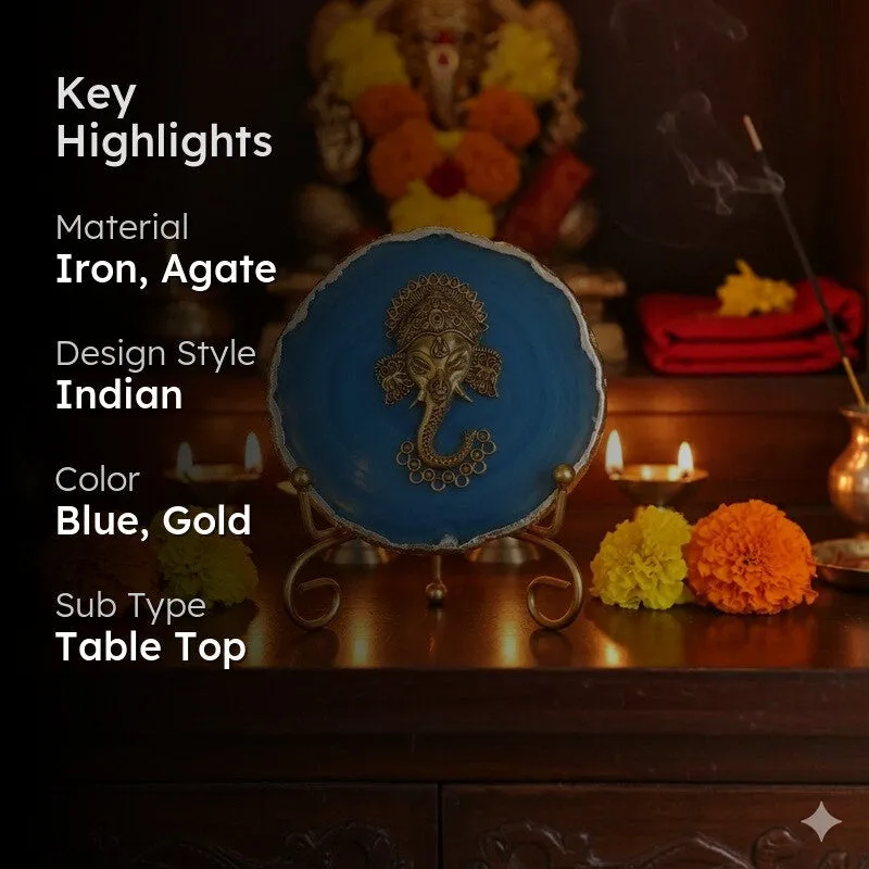 Ganesha Grace Agate Showpiece With Stand - Blue & Gold media 2