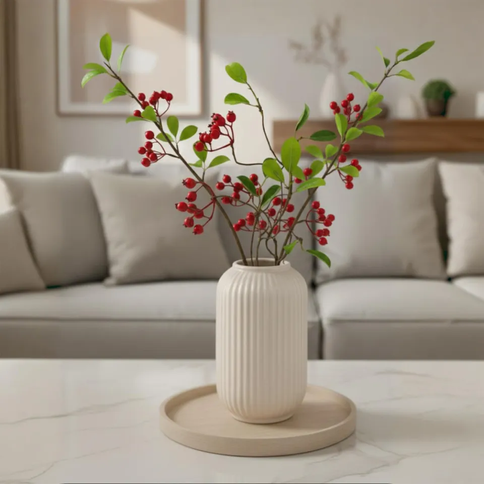 Opulent Ribbed Ceramic Vase - Beige media 1