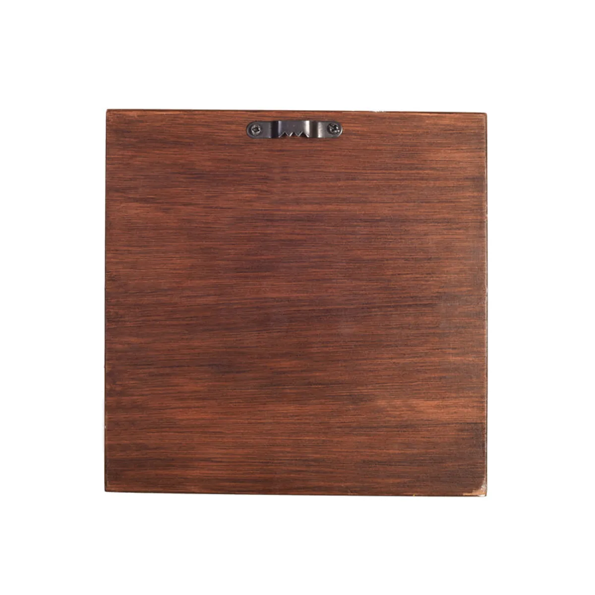 Back view of one square wooden wall art piece with hanging hook