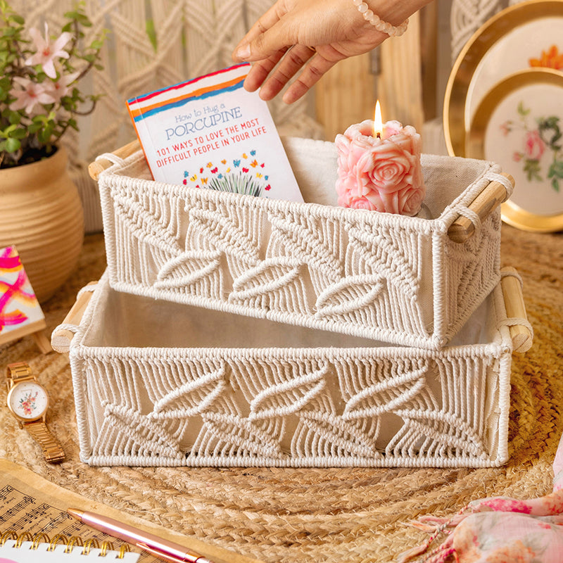 Roxana Macrame (Metal,Cotton) Storage Basket - Set Of Two media 4