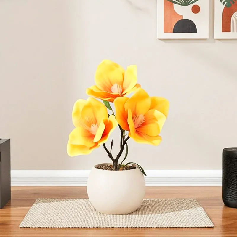 Magnolia Artificial Flower Plant With Black Plastic Pot - Yellow media 6