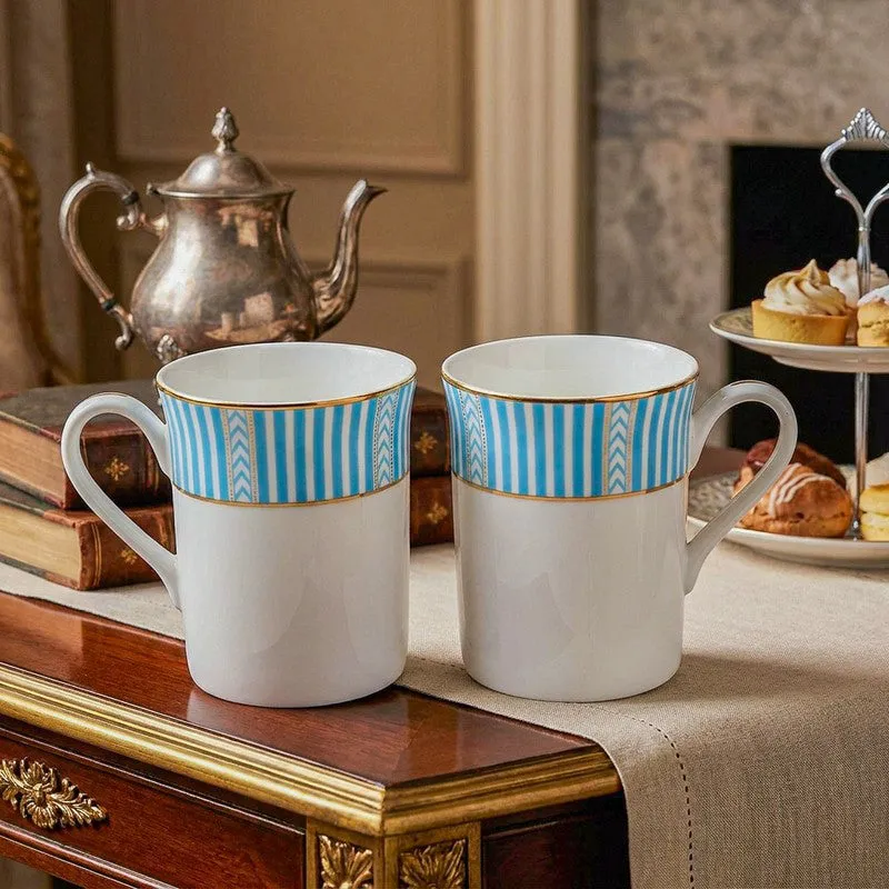 Stripe Classic 24k Gold Brushed Porcelain Coffee Mug (Blue/300 mL) - Set Of Two media 3