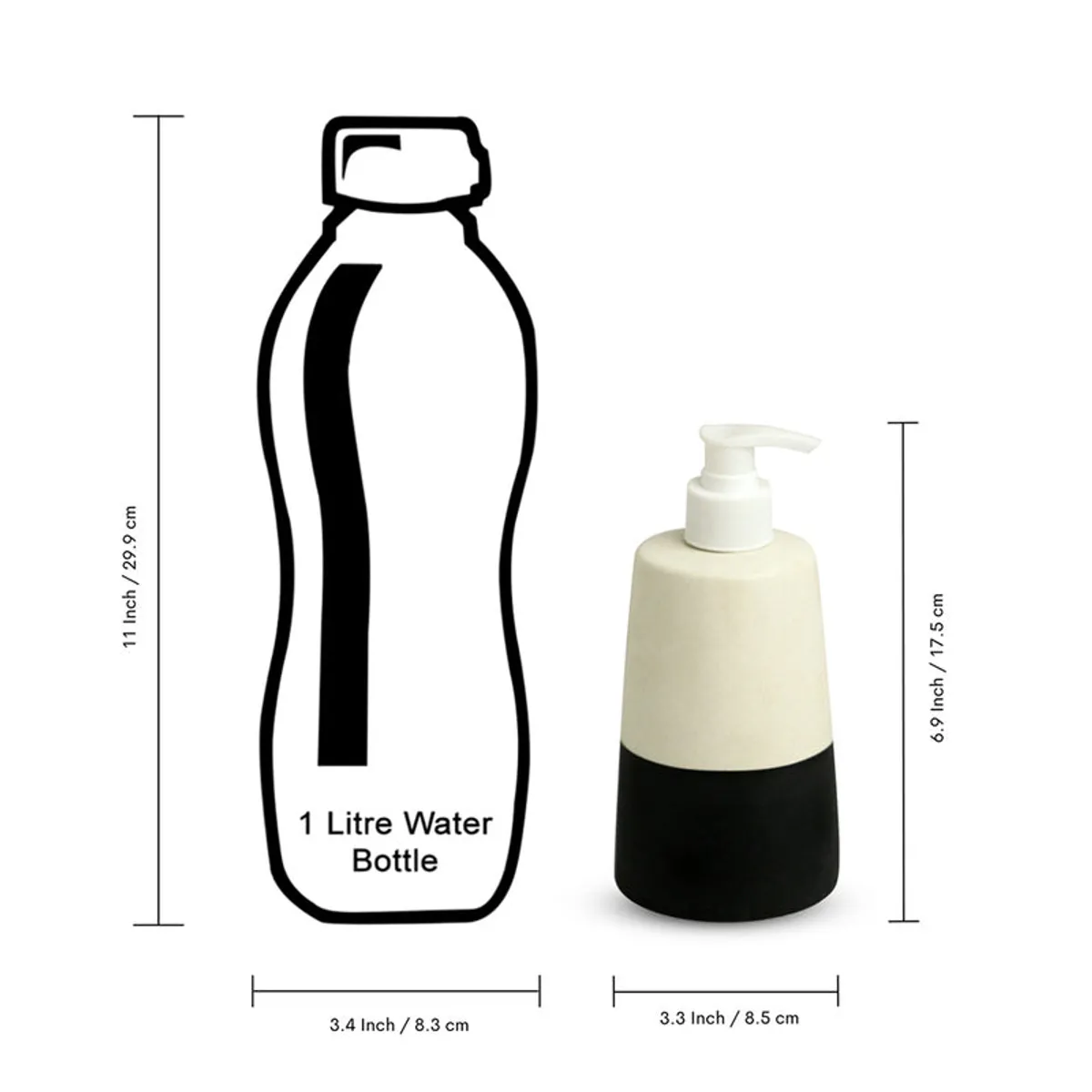 Black-and-white ceramic soap dispenser shown beside a bottle for scale