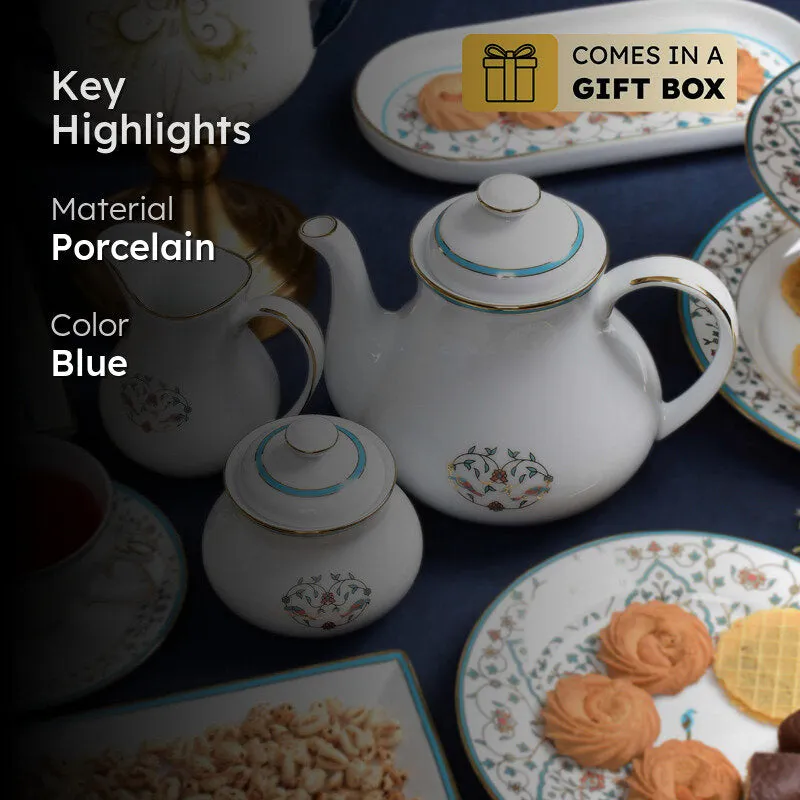Gilded Mavi 24k Gold Brushed Porcelain Tea Set With Tea Pot - Seventeen Piece Set media 2