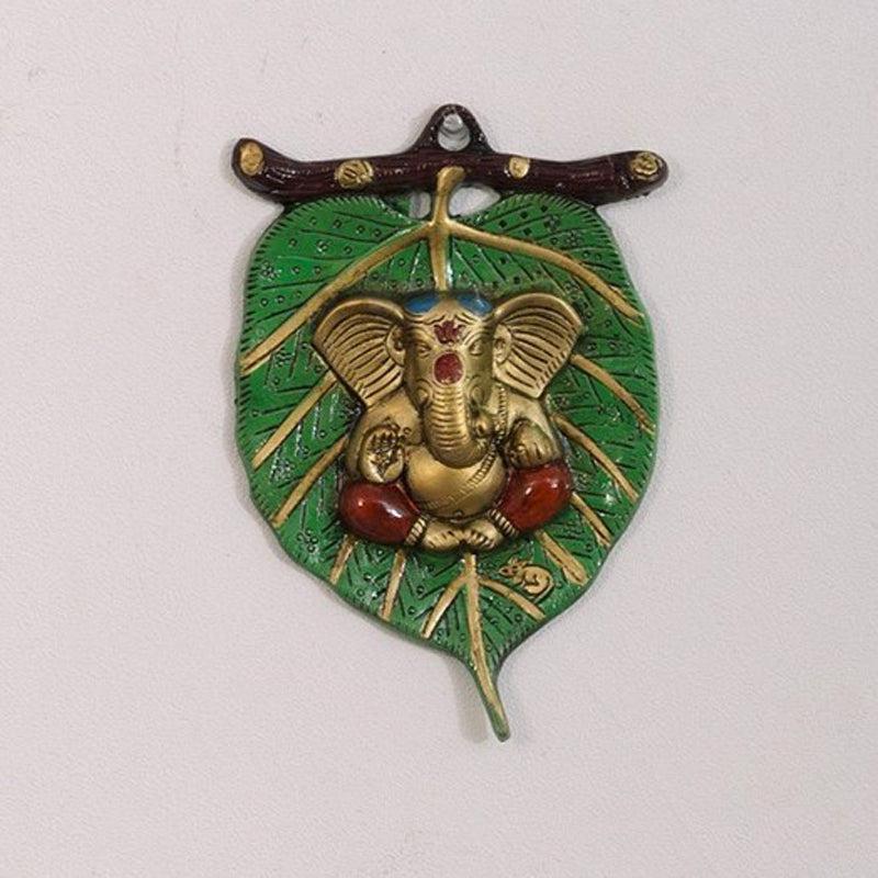 Balganesha Resting on Leaf Religious Metal Wall Accent - Green & Gold
