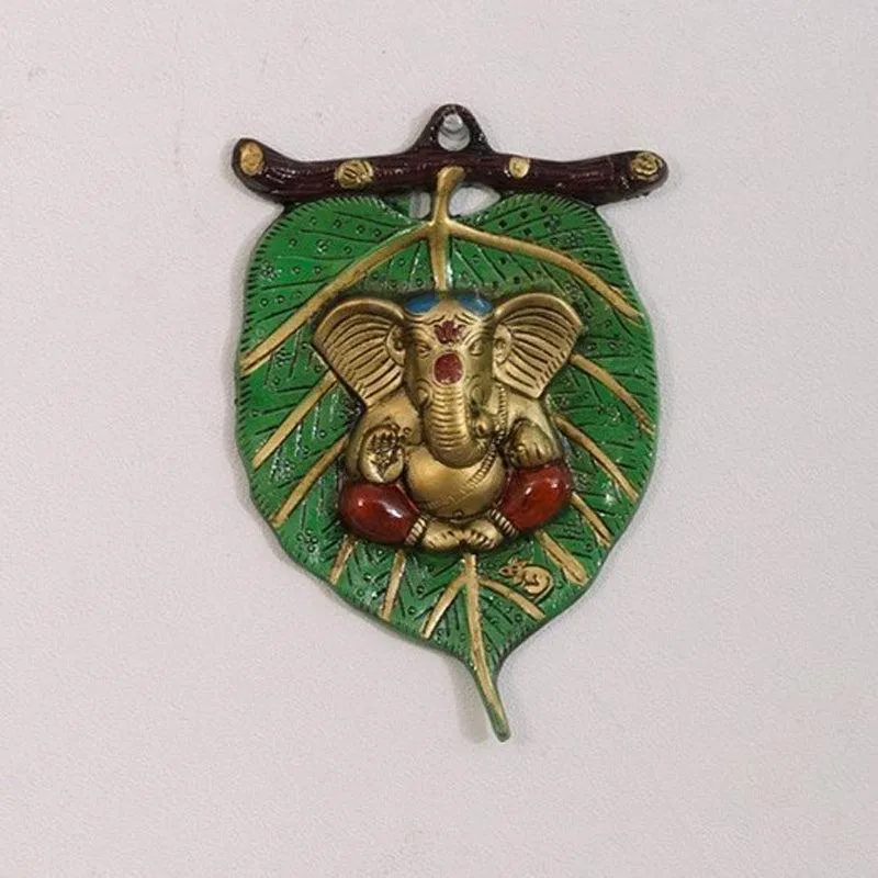 Balganesha Resting on Leaf Religious Metal Wall Accent - Green & Gold media 1