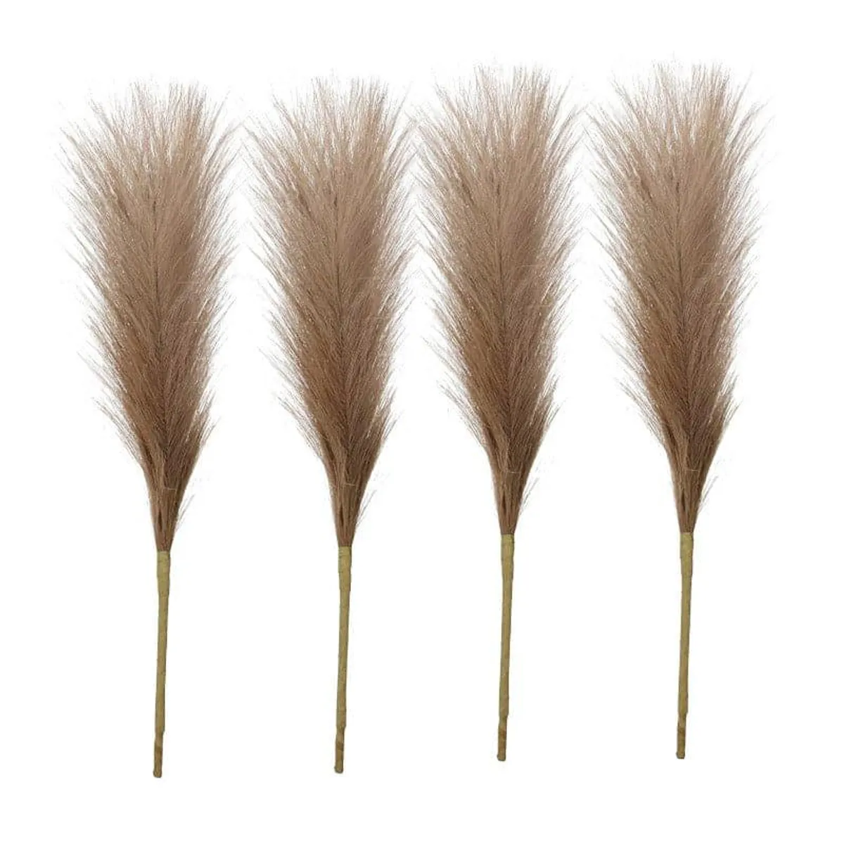 Four individual brown faux pampas grass stems displayed against a white background