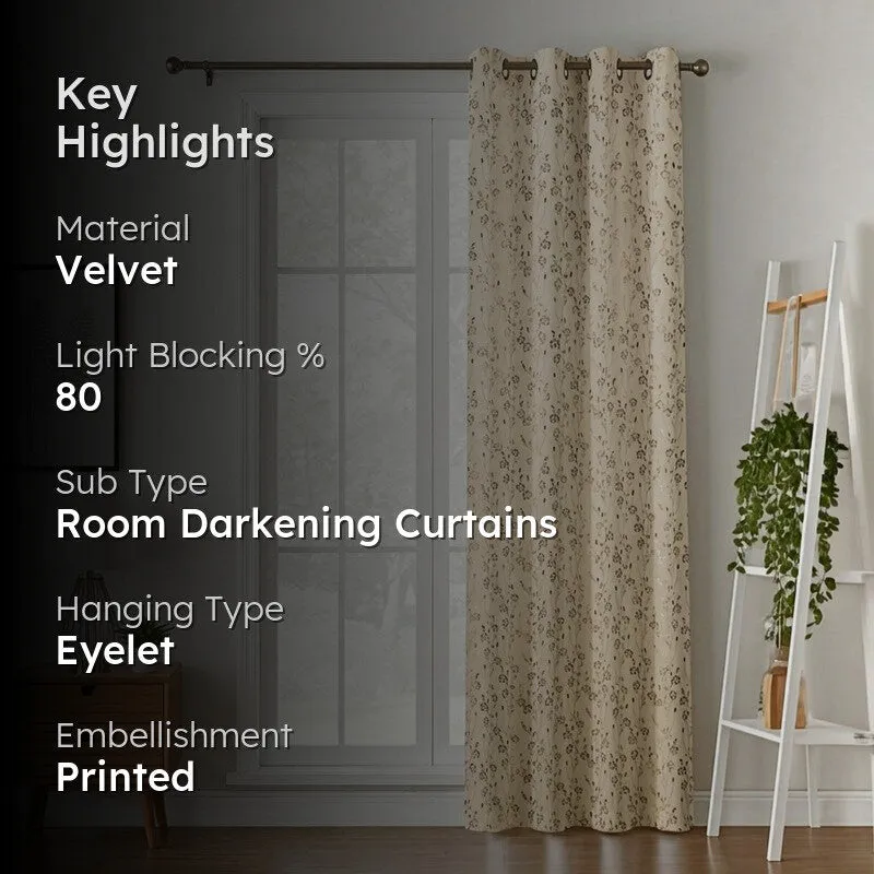 Glow Touch Printed Velvet Curtain - Ivory,Gold media 2