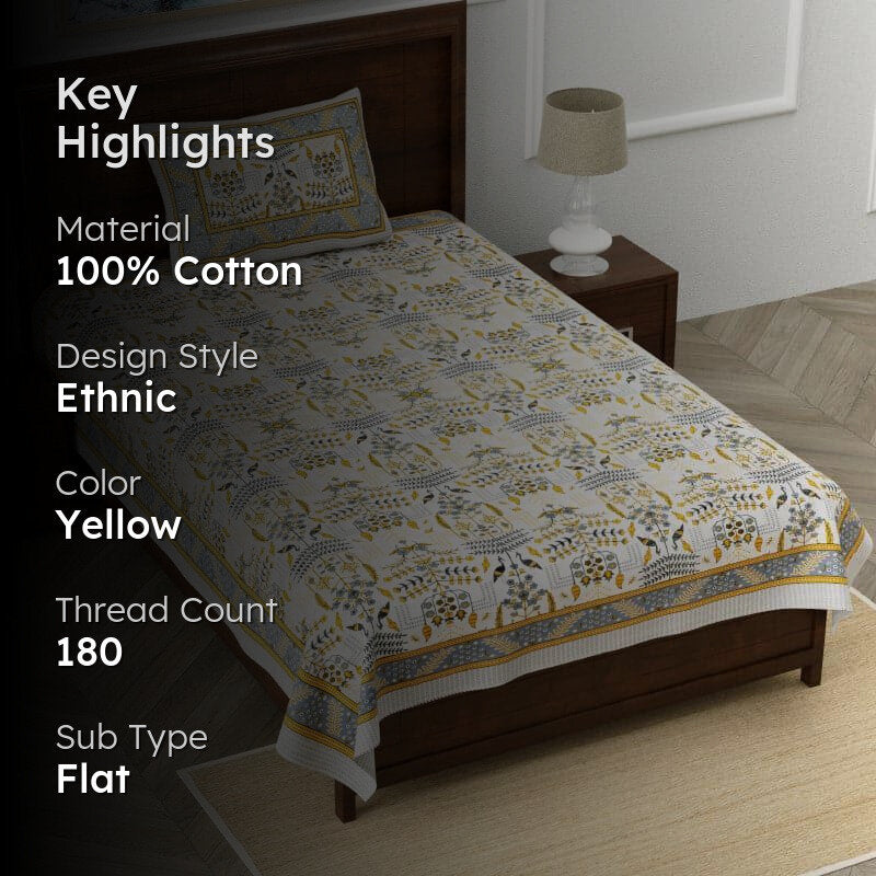 Evie Printed Cotton Bedsheet (Yellow) - 180 TC media 2