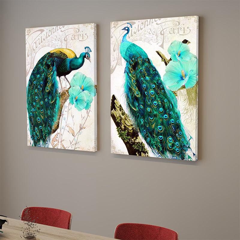 Peacock Ponder Canvas Wall Painting - Set Of Two