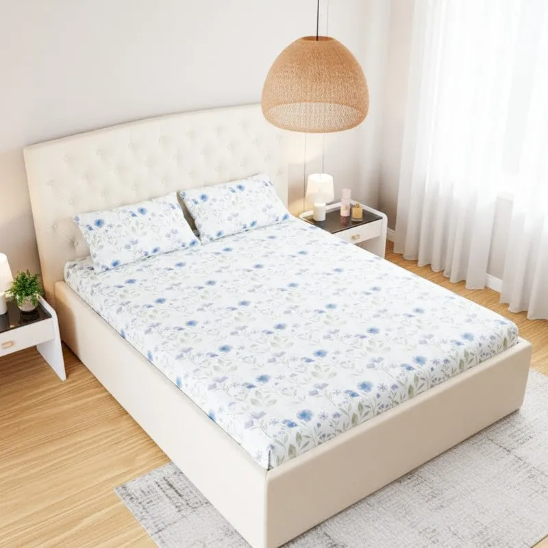 Harmony Floral Cotton Bedsheet (Blue) - 180 TC media 1