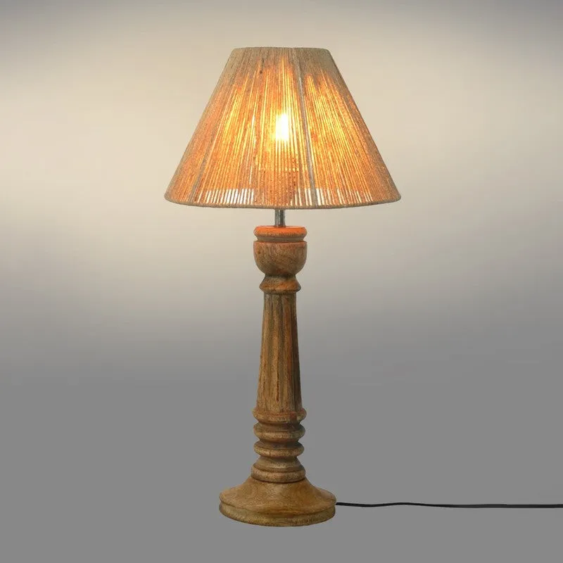 Amber Weave Wooden Base Cotton Table Lamp - Beige,Brown media 4