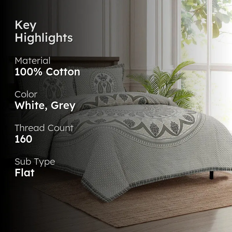 Trikaaya Ethnic Cotton Flat Bedsheet (White & Grey) - 160 TC media 2