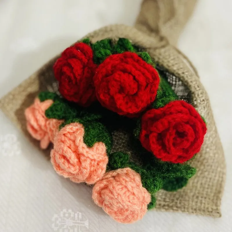 Crochet Handmade Rose Bouquet (Orange,Red) - Set Of Six media 6